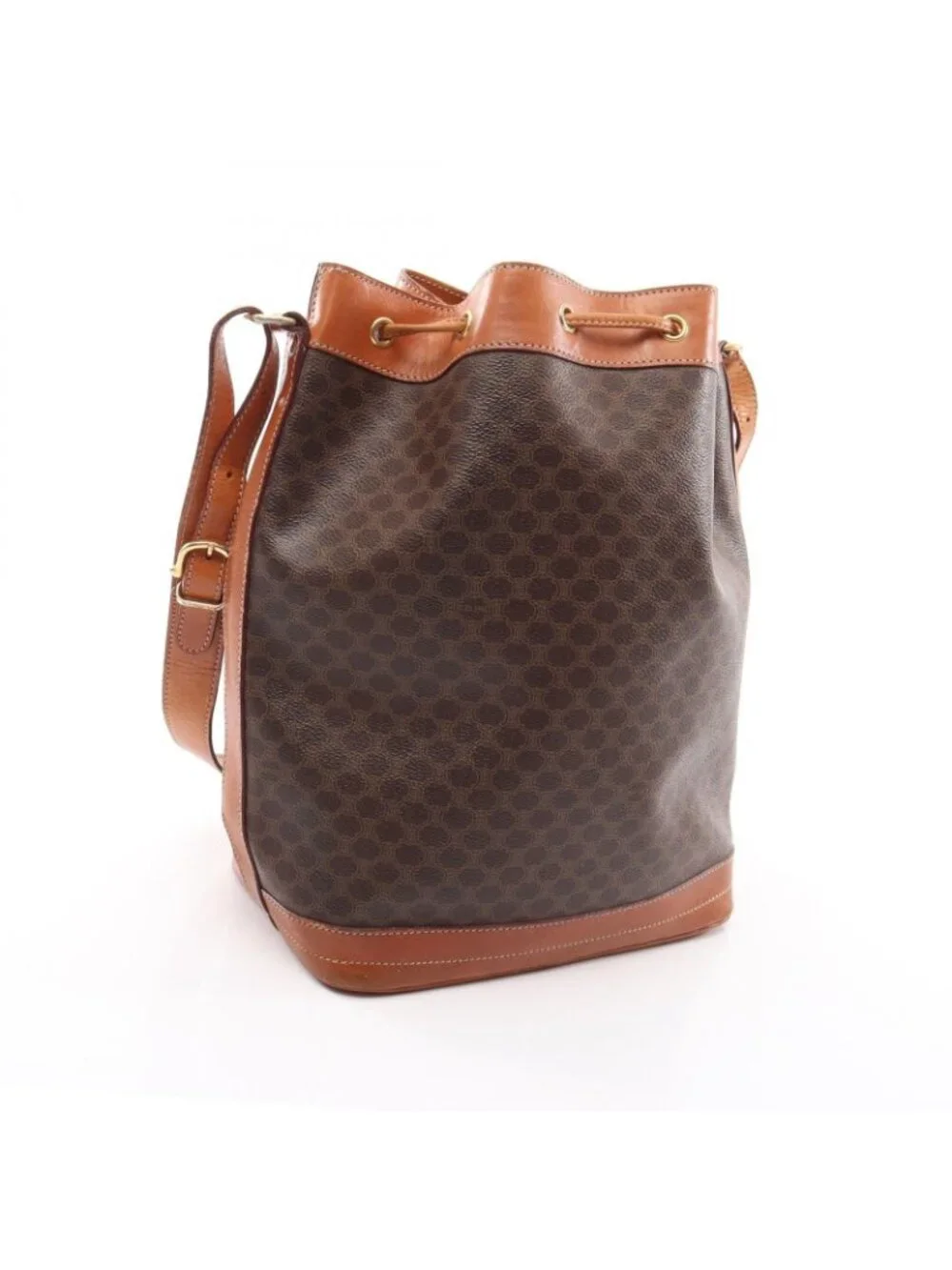 Celine Shoulder Bag Macadam Drawstring Beige Brown Canvas Leather